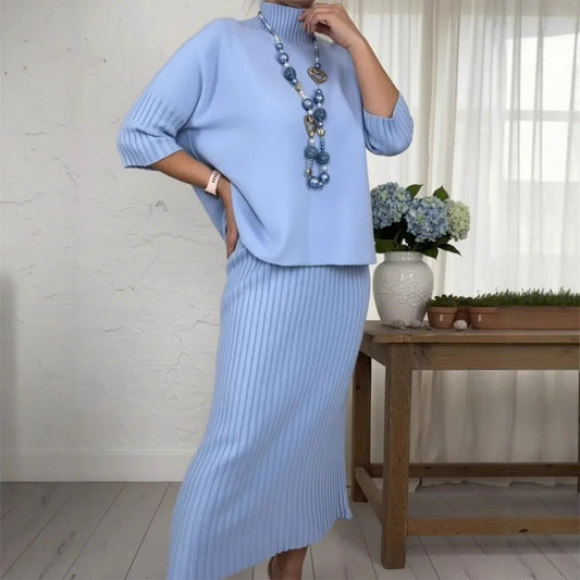 Womens Solid-Color Elegant High-Neck Knitted Sweater And Skirt Two-Piece Set