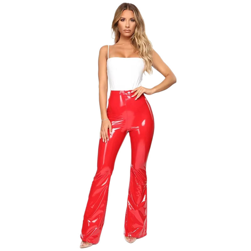 Leather High-waist Flared Pants Womens Fashion, Shiny Finish