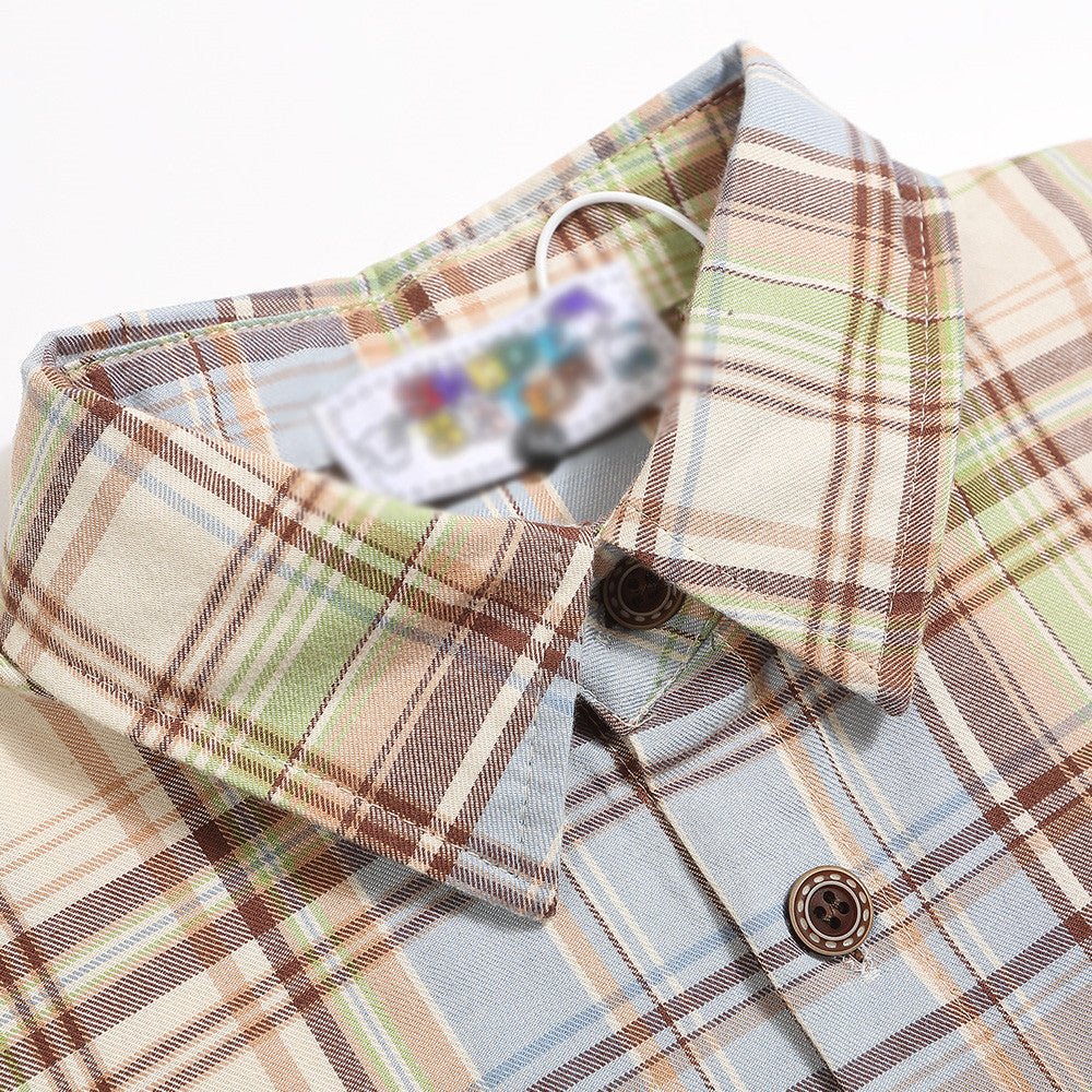 Embroidered Pocket Casual Polo Collar Checked Shirt