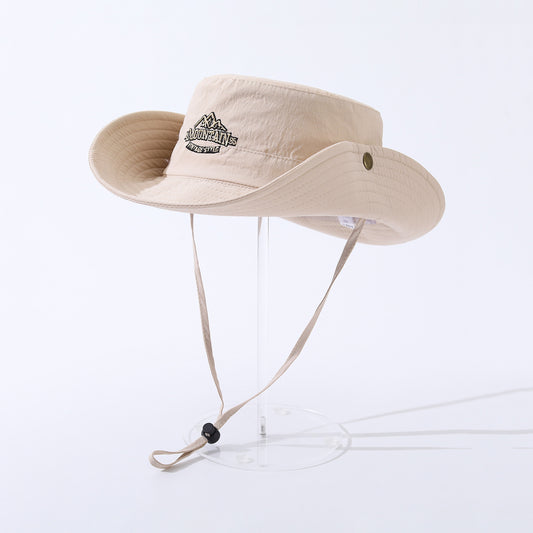 Embroidered Mountain Peak Letter Quick-drying Large Eave Sunshade Windproof Rope Adjustable Flanged Fashionable Casual Fisherman's Hat Outdoor Mountain Climbing, Fishing And Tourism