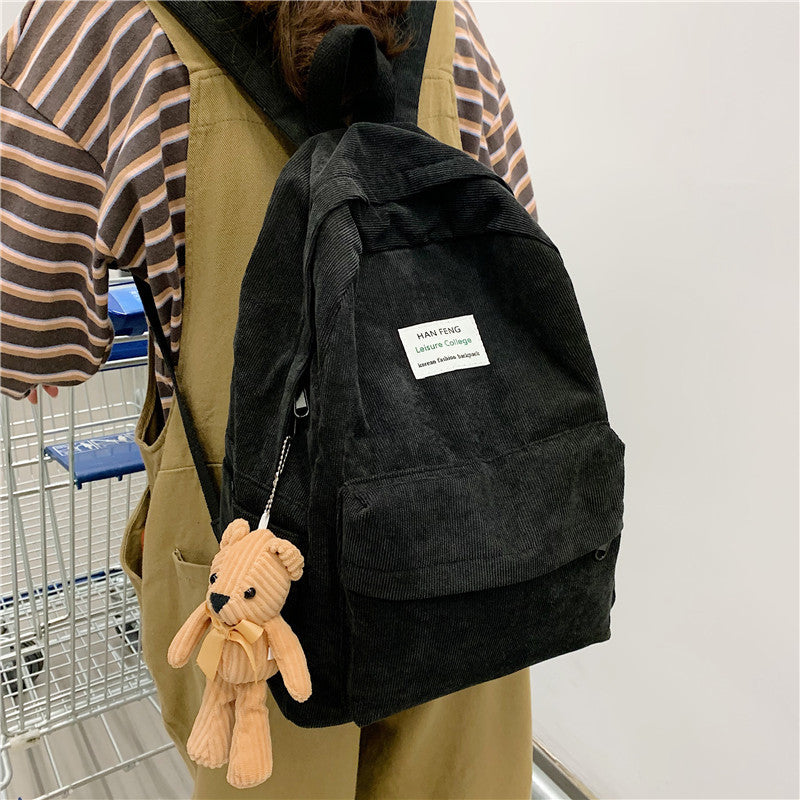 Versatile Simple Corduroy Backpack With Double Shoulders And Large Capacity