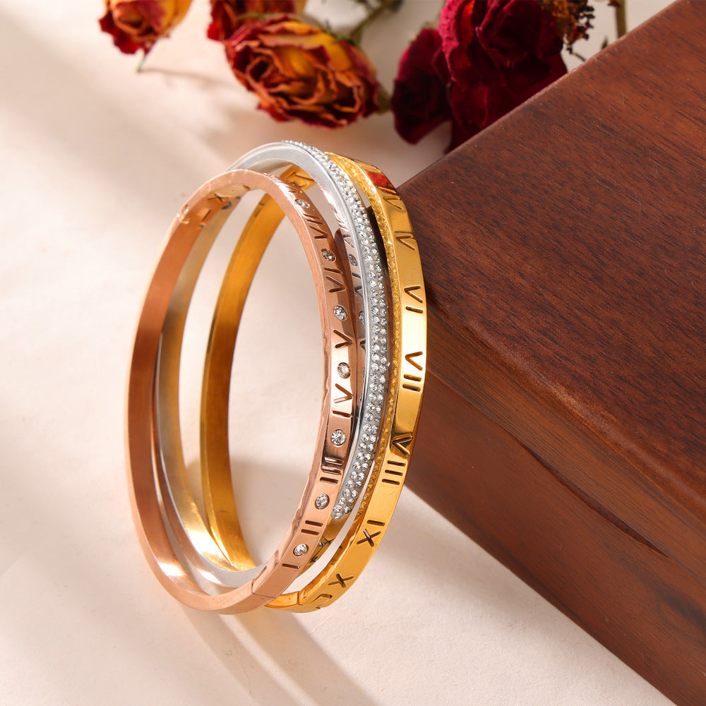 Retro Minority Unique Simple Jewelry Carved Roman Digital Design Diamond-embedded Titanium Steel Gold-plated Bracelet