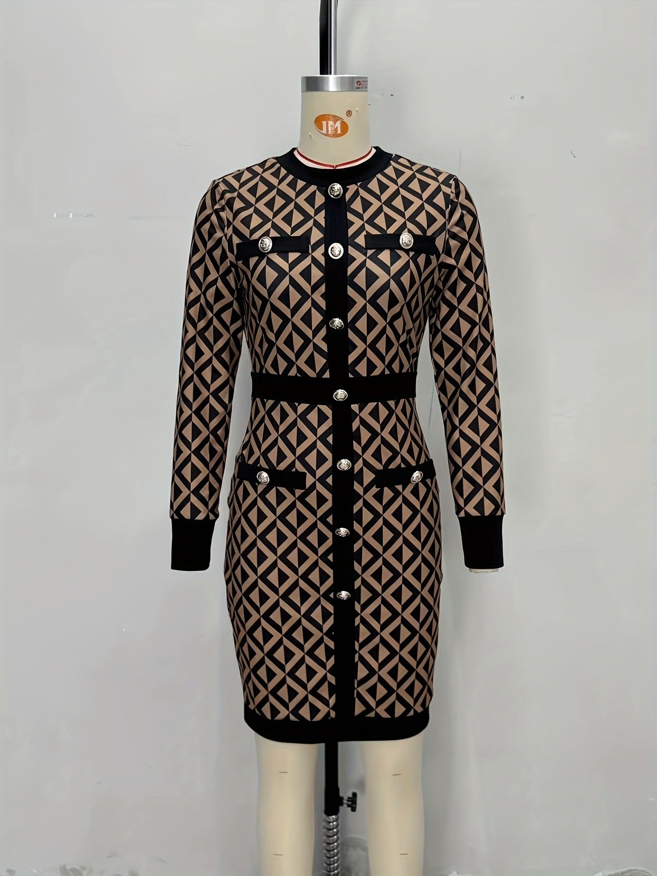 Women's Plaid Round Neck Long Sleeved Knitted Dress