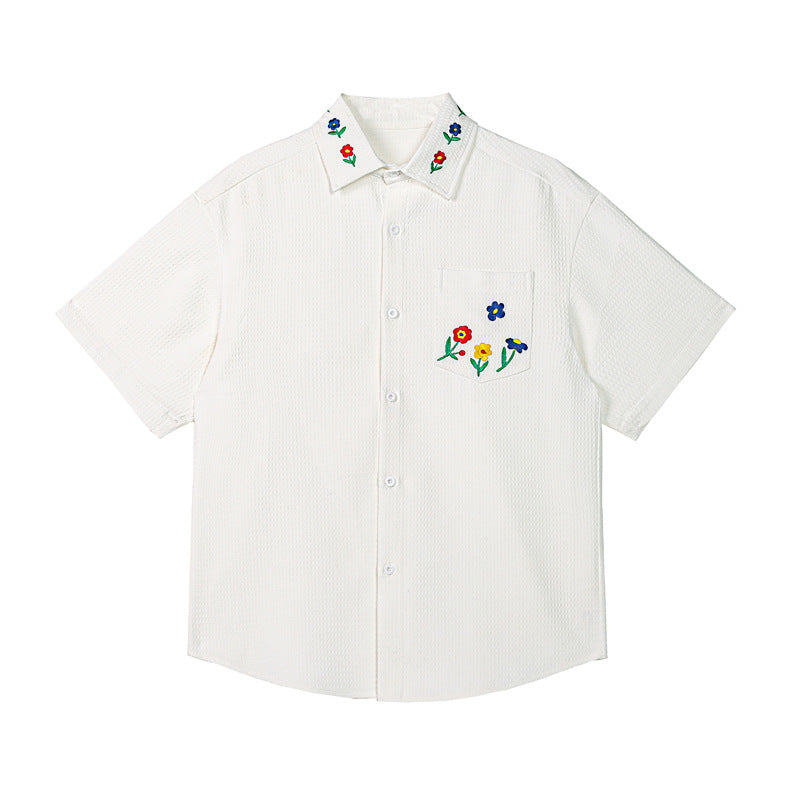 White Background Embroidered Handsome Short Sleeve Shirt
