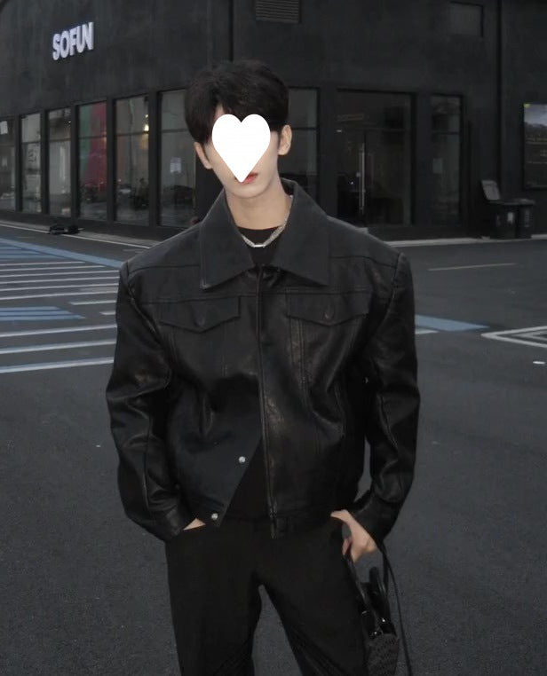 Black Cropped Leather Coat Men's Trendy PU Leather Jacket For Spring And Autumn Padded Shoulder With Large Lapel Motorcycle Clothing