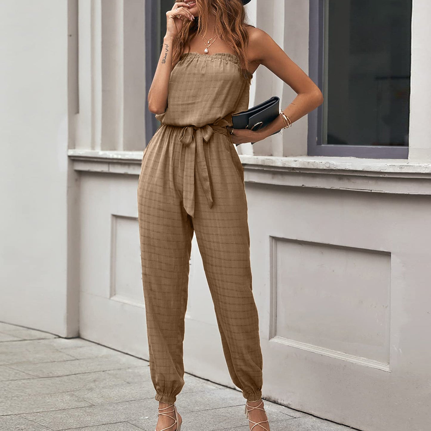 Women's Tie-Belt Elastic Waistband Strapless Bodysuit