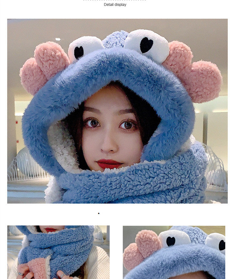 Winter Cute Crab Scarf Gloves Three-in-one Plus Velvet Thickened One-piece Hat