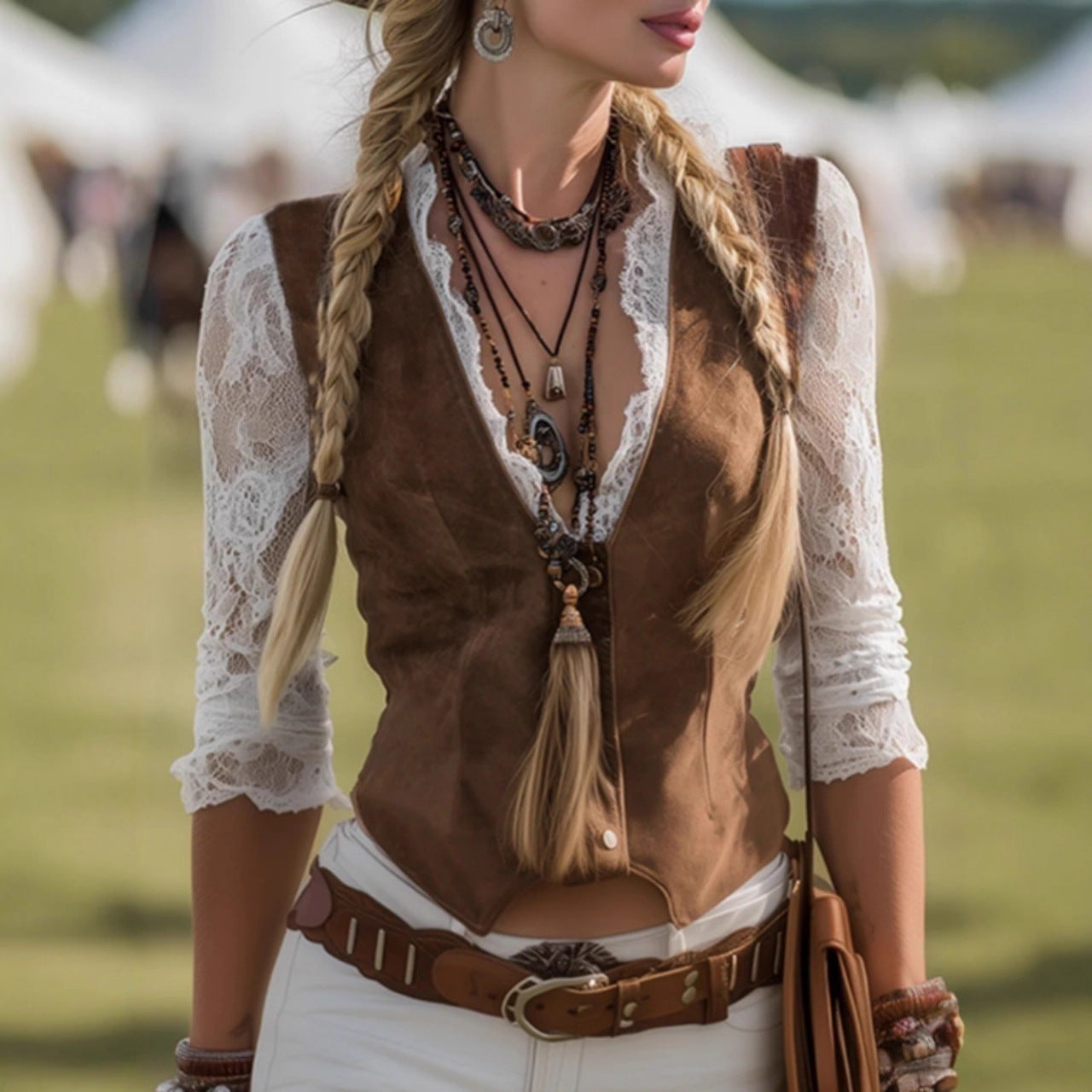 Designer Lace-spliced Faux Two-piece Top