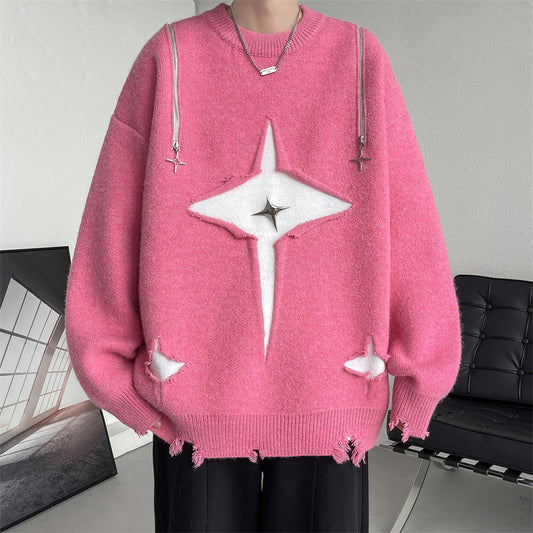 Round Neck Loose Chic Contrasting Design Sweater For Men