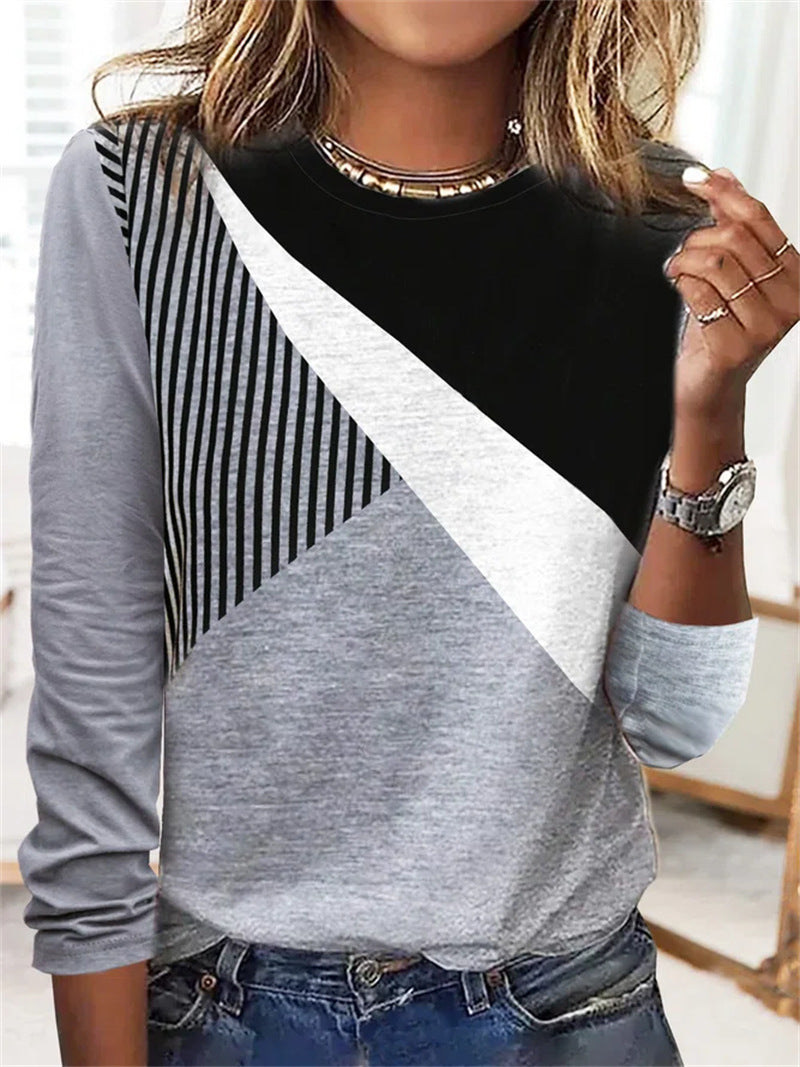 Rundhalset Colorblock Stribet Bund Langærmet Printet T-shirt