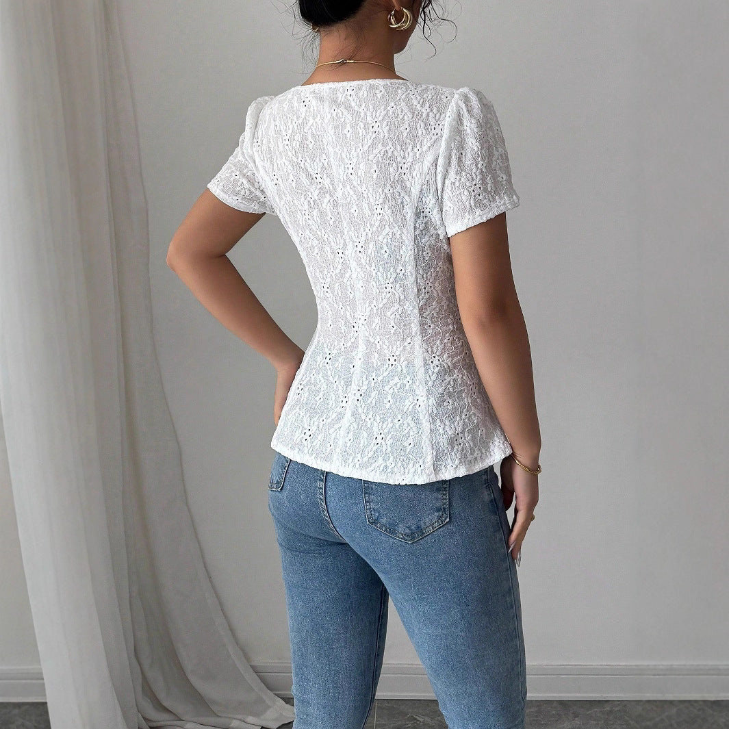 Casual Lace Blouse With A Square Neckline And Bow-tied Short Sleeves