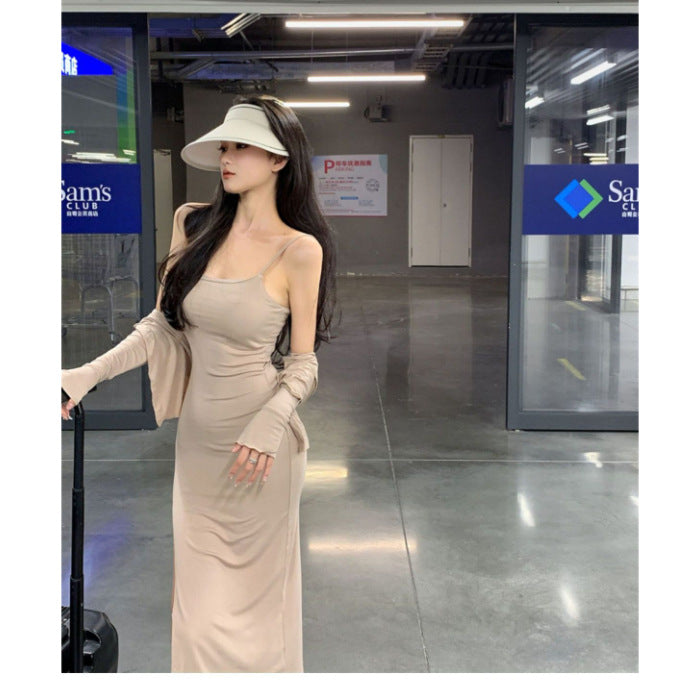 Strap Sheath Dress And Long-sleeve Cardigan Fashionable Two-piece Set