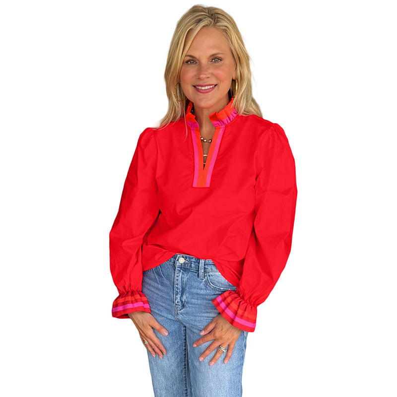 New Ruffled Loose Casual V-neck Long-sleeved Top