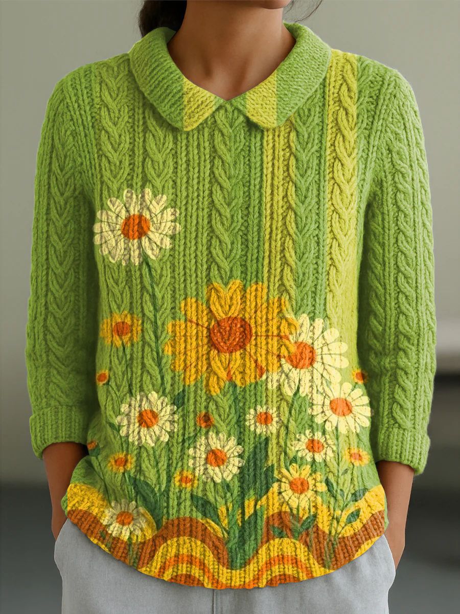 Autumn And Winter New Women's Doll Collar Knitted Jacquard Fabric French Retro Printed Top