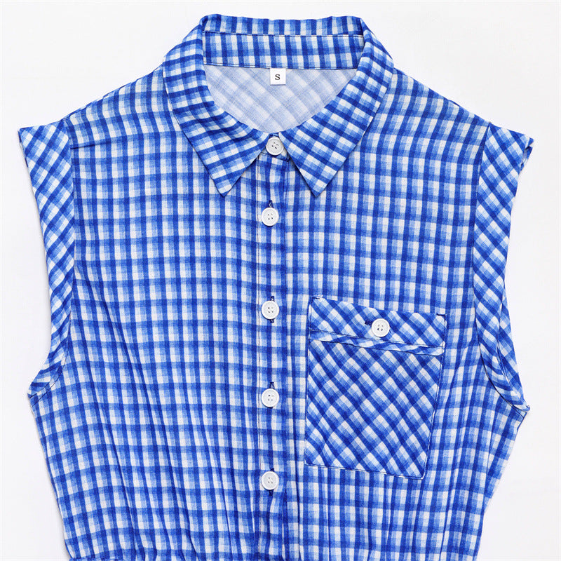 Plaid Simple Sleeveless Lapel One-piece Shorts