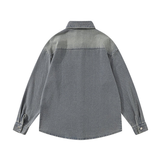 Washed And Worn Brushed White Denim Shirt Street Fashion Punk Men