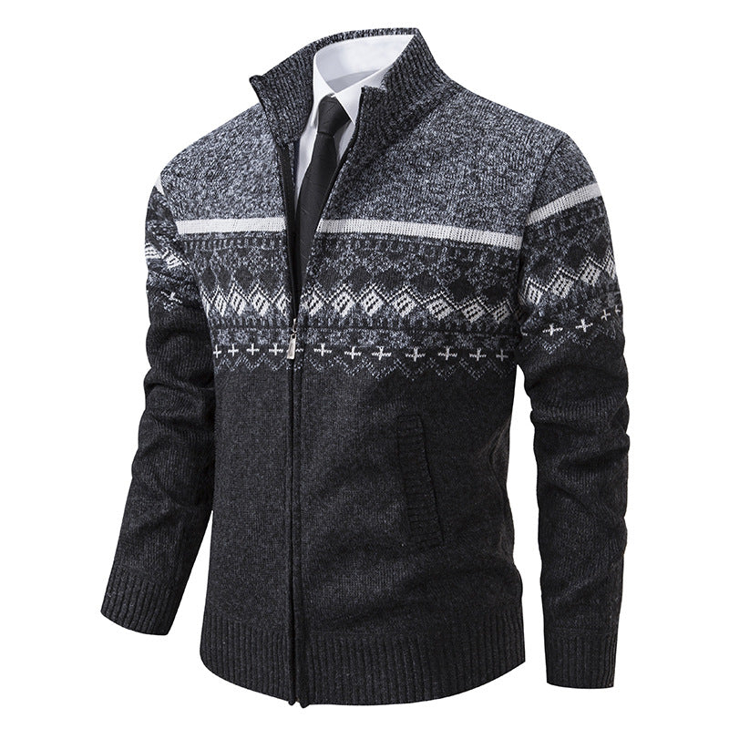 Men's Casual Stand-collar Sweater Coat With Fleece Lining And Color-blocking Design