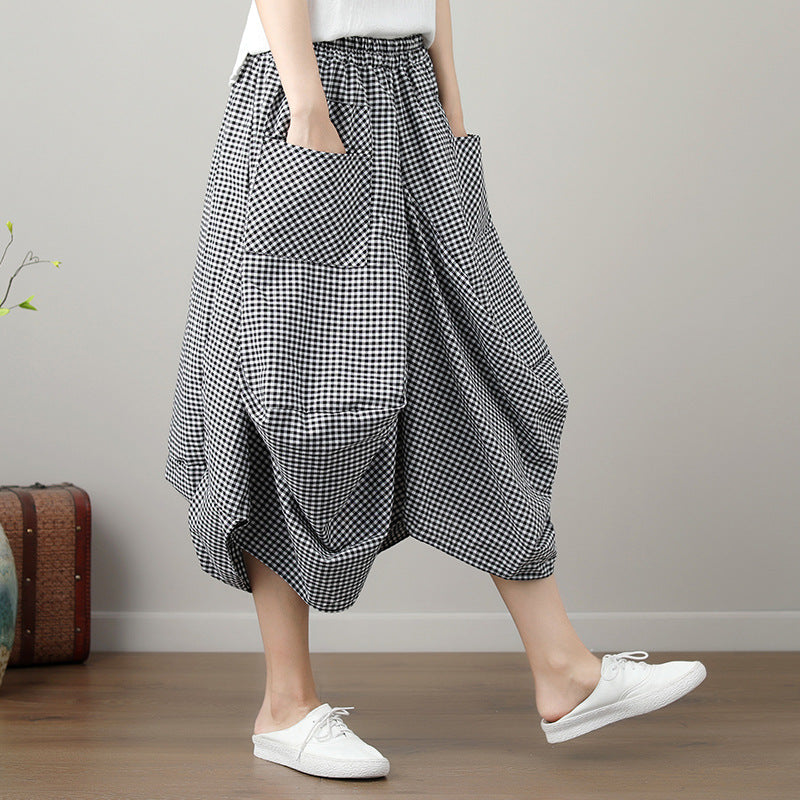 Loose Cotton Linen Plaid Elastic Waist Lantern Skirt