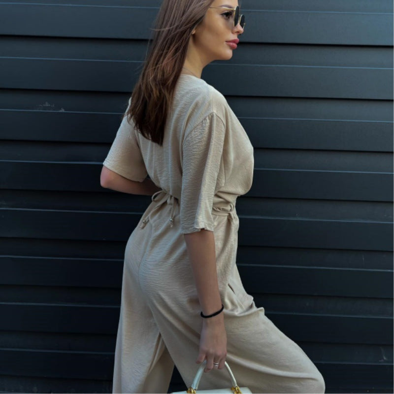 Pure Color Tied Girdle Depth V-neck Casual One-piece Wide-leg Pants