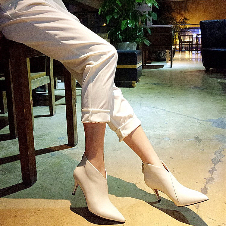 New V-mount Retro Professional Women's Shoes Stiletto Back Zipper Full Leather High Heels Inside And Outside