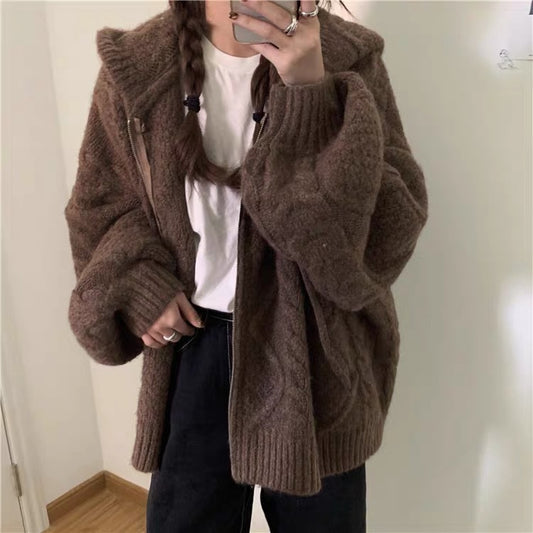 Hooded Knit Cardigan Coat Women's Spring And Autumn Twist Zipper