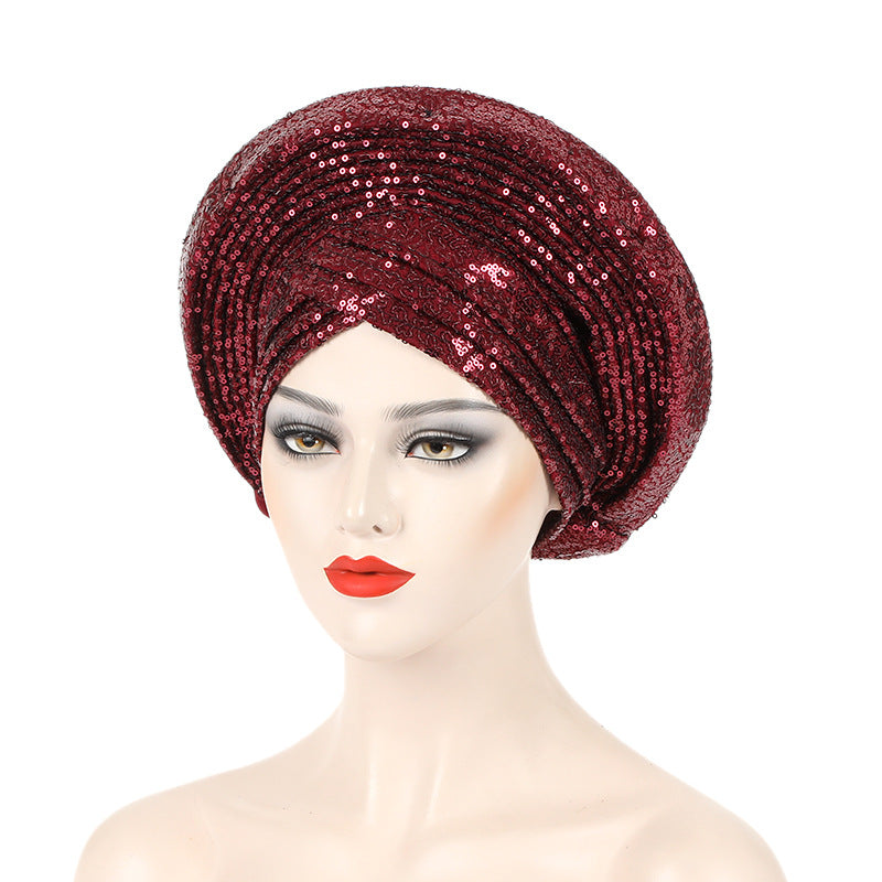 New Sequin Laminated Heavy Industry African Wedding Headscarf Toque