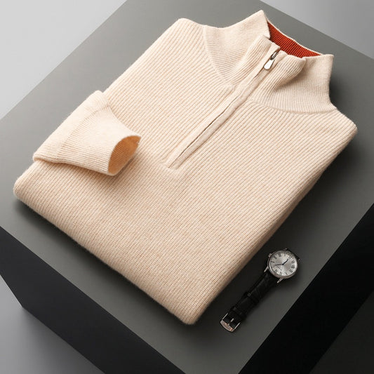 Cashmere Herre Tyk Halvhøj Krave Lynlås Pullover Sweater
