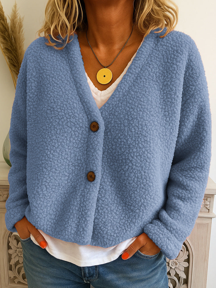 Casual V-neck Long Sleeve Cardigan Solid Color Fleece Button Coat