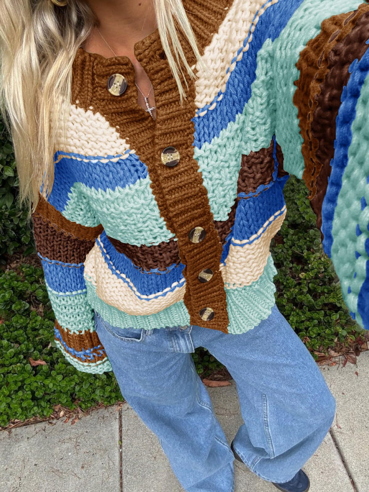Strikket Cardigan til Damer med Striber og Knapper