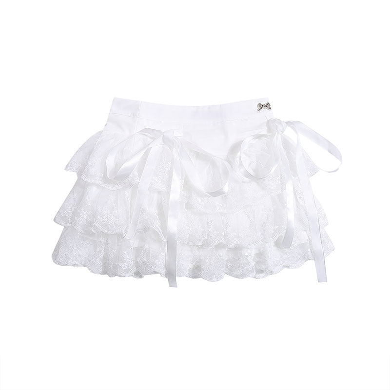French Retro White Sweet Lace Pleated Skirt