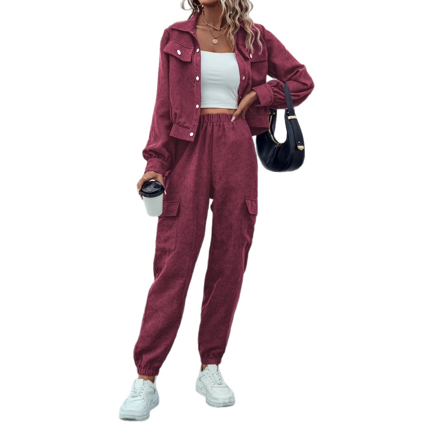 Women's Casual Suit Long-sleeved Single-breasted Jacket And Cargo Pants