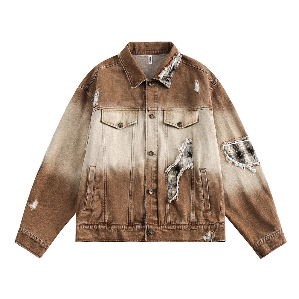 Tie-dye Ripped Wash Denim Coat Men's Punk