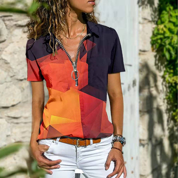 New Women's Boho Zip Short Sleeve T-Shirt