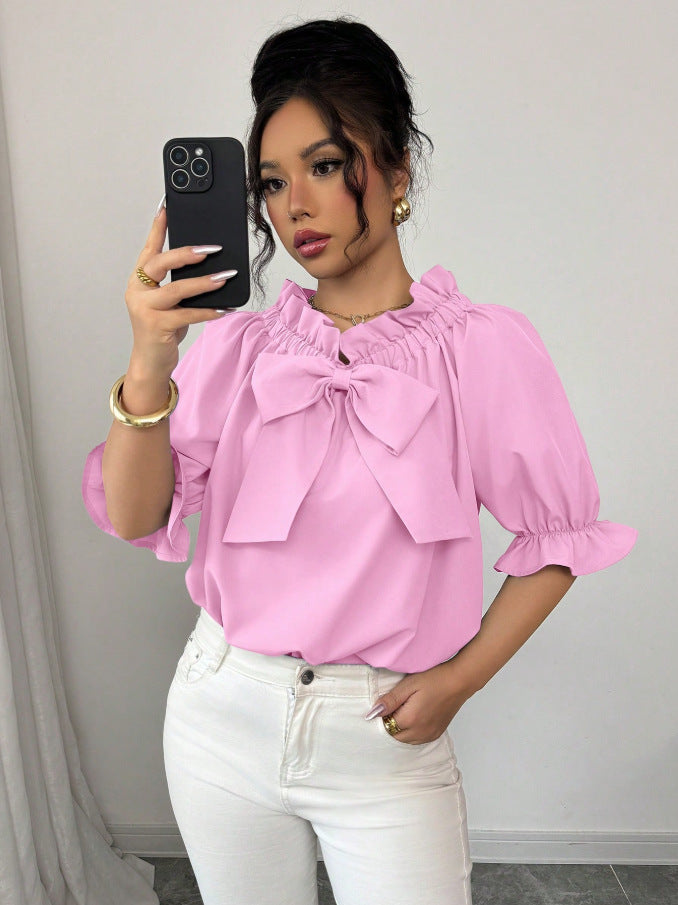 Womens Boat-neck Top With Ruffled Edges And A Bow Detail