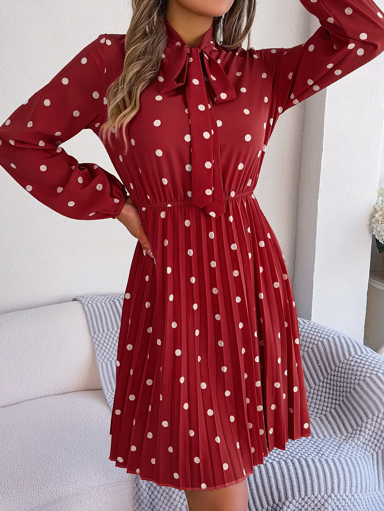 Women's Polka Dot Tie-Waist Long Sleeve Pleated Maxi Dress