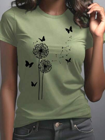 Dandelion Butterfly Pattern Round Neck Short Sleeve