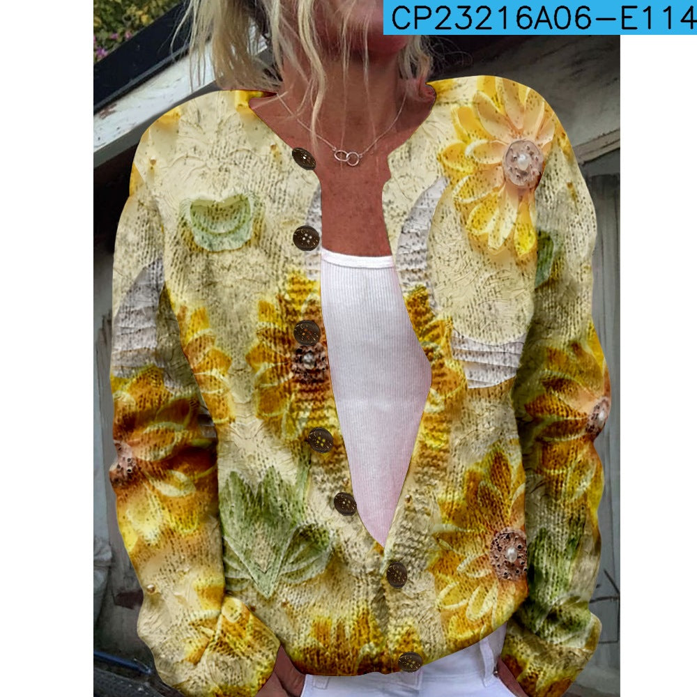 Ny strikket cardigan med 3D-print i løs pasform til damer – efterårs- og vinterstil