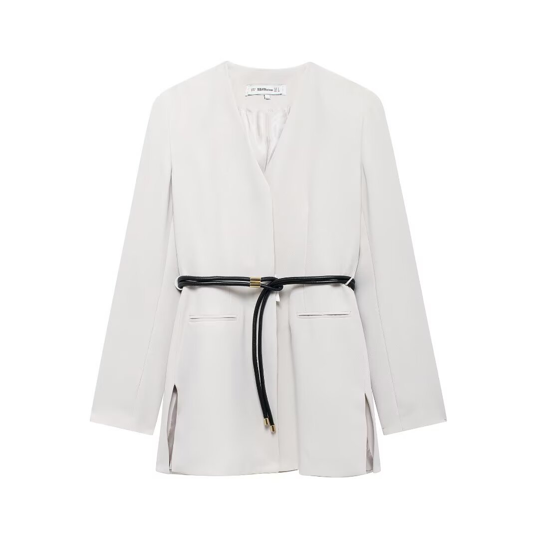 V-neck Blazer With Belt High-waisted Flared Trousers Set