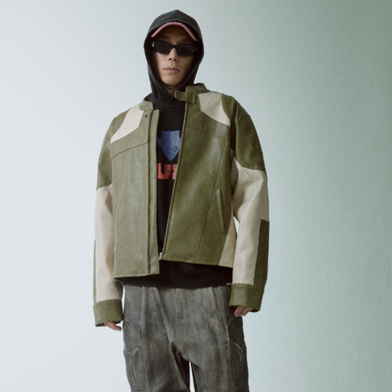 Distressed, Relaxed-fit Biker Leather Jacket