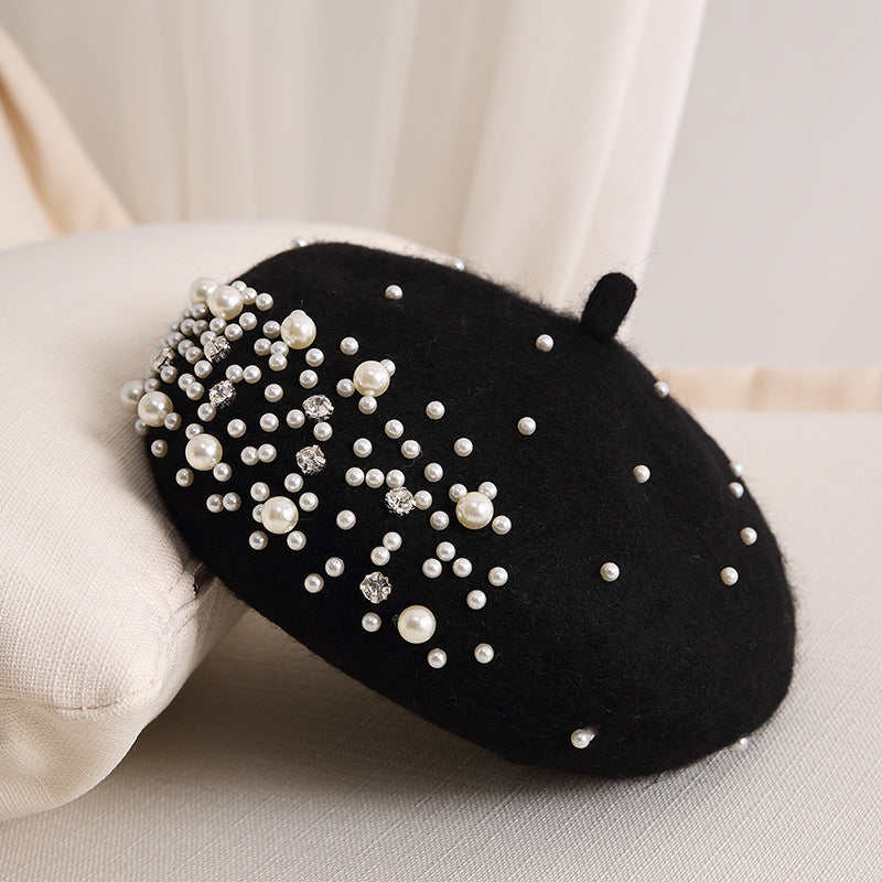 Ladies Small Fragrance Pearl Rhinestone Wool Beret