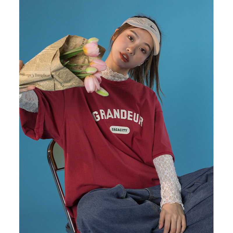 Vintage American Print Loose Short Sleeve T-Shirt
