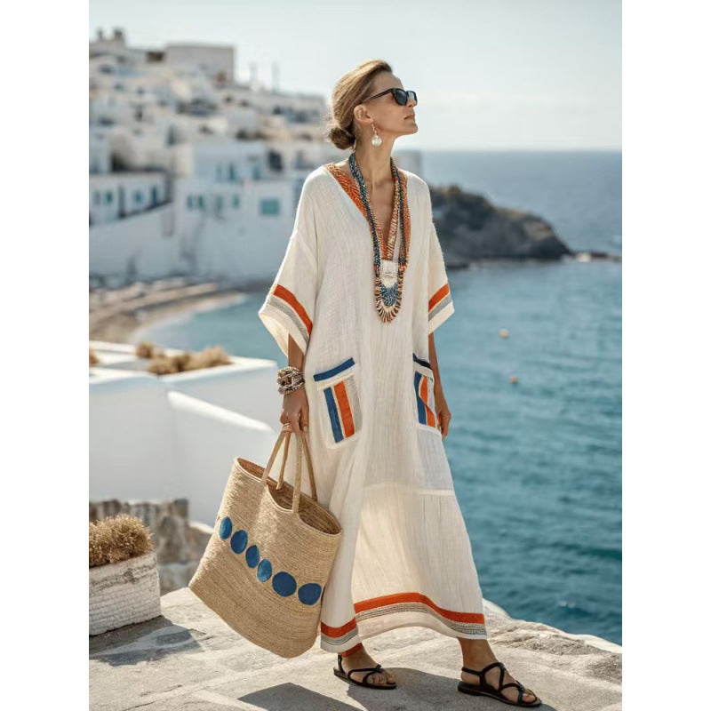 Beach Vacation Long Striped Embroidered Dress