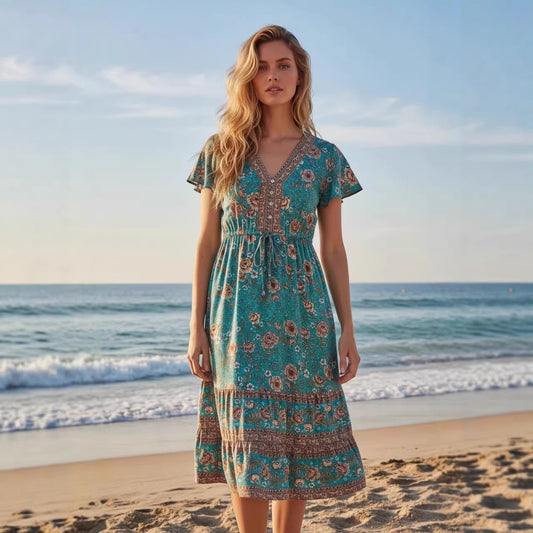 Womens Casual V-Neck Printed Dress