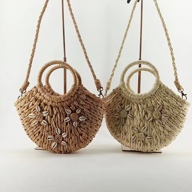 Straw Braided Bag Hand-held Half-round Shell Woven