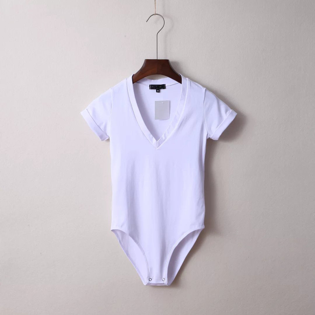 Women's Fashion Solid Color Stretch Slim V-neck Short Sleeve Rompers