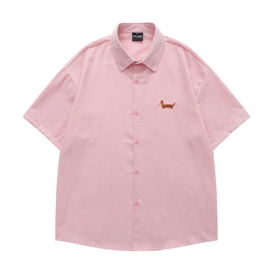 American Retro Dachshund Funny Embroidery Short Sleeve Plaid Shirt