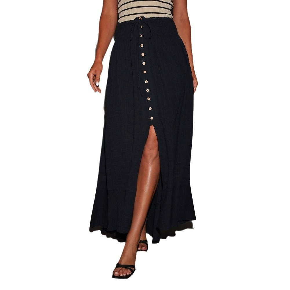 European And American Half-length Solid Color Lace-up Waist-slimming Long Dress