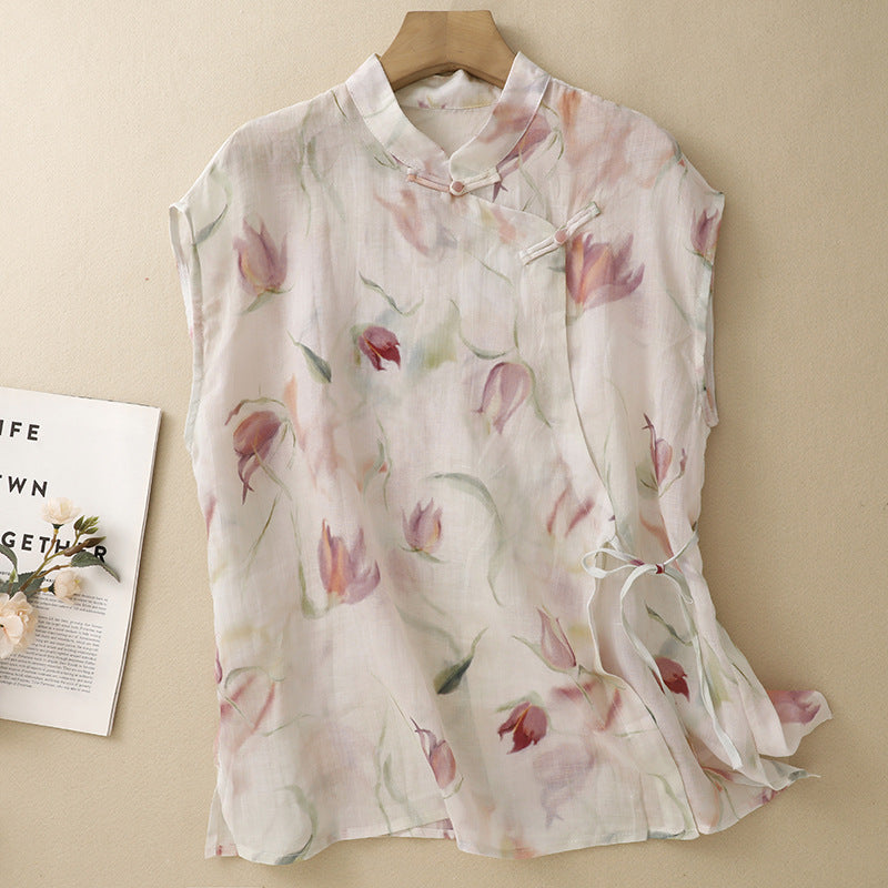 Real-shot In-stock Artistic Cotton-linen Printed Sheer Blouse Vintage Lightweight And Cool-chic Top