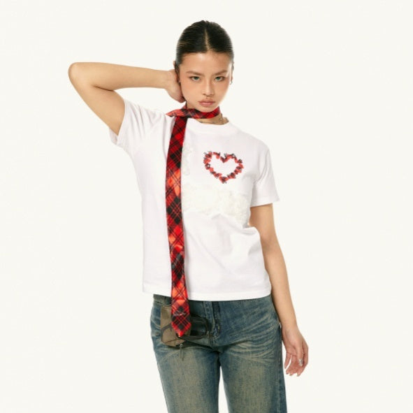 Plush Decoration Love Embroidered Short-sleeved Cotton Casual Shoulder Top