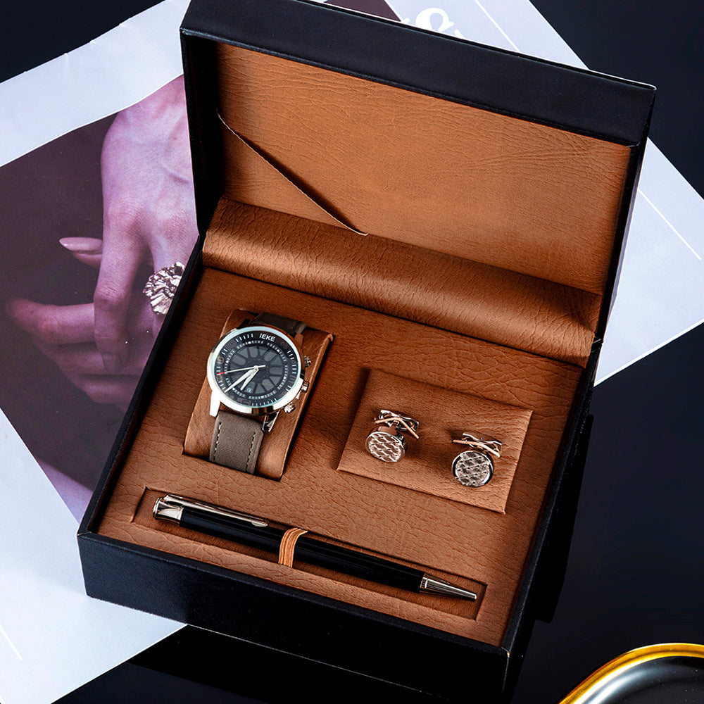 Men's Watch Set Gift Box Sports Retro Calendar Quartz Watch Pen Cufflinks 3 Piece